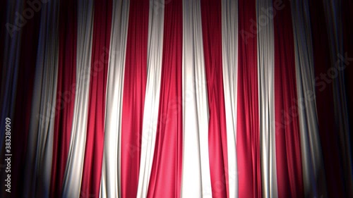 Realistic dark 3D animation of the striped circus stage curtains rendered in UHD, alpha matte is included