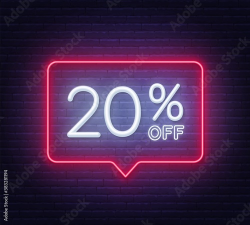 20 percent off neon sign on brick wall background. Vector illustration.