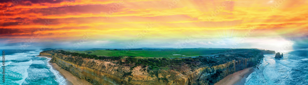 Panoramic sunset aerial view of amazing Twelve Apostles area along the Great Ocean Road