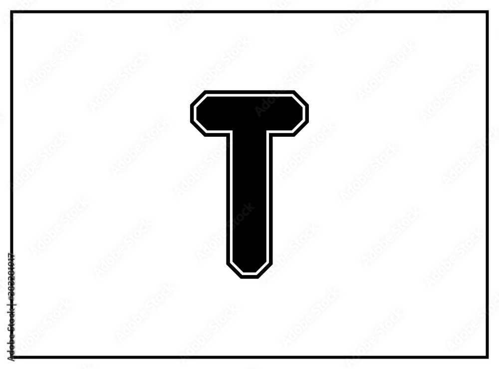 T letter classic american, college style font. Uniform letter in black with a black outside contour line. Vintage sport font.For jersey, t-shirt, basketball, baseball, football. Isolated vector T letter classic american, college style font. Uniform letter in black with a black outside contour line. Vintage sport font.For jersey, t-shirt, basketball, baseball, football. Isolated vector