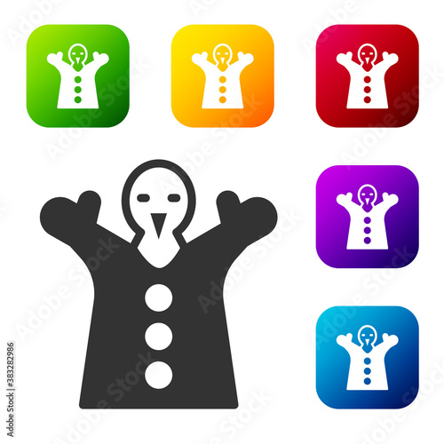 Black Toy puppet doll on hand icon isolated on white background. Set icons in color square buttons. Vector.