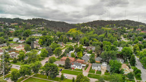 RAPID CITY, SD -JULY 2019: Arial view of Rapid City on a cloudy summer day, South Dakota