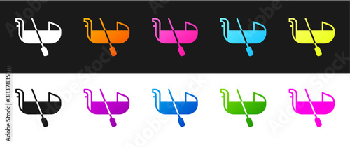 Set Gondola boat italy venice icon isolated on black and white background. Tourism rowing transport romantic. Vector.