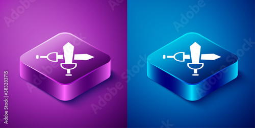 Isometric Crossed medieval sword icon isolated on blue and purple background. Medieval weapon. Square button. Vector.