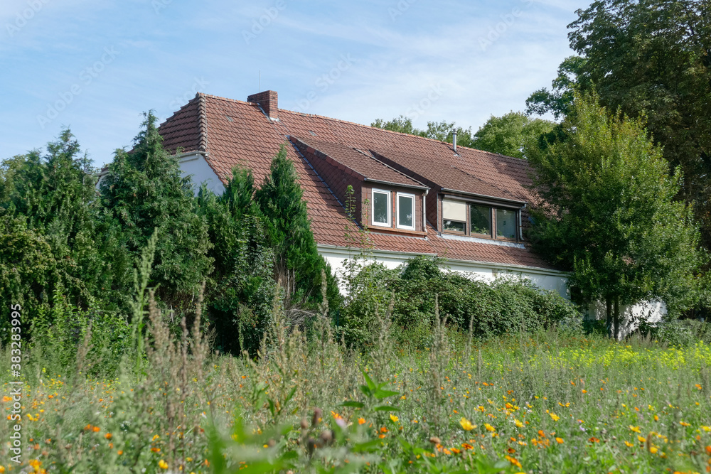Wohnhaus, altes, weisses Einfamilienhaus,  Wiese, Huchting, Bremen, Deutschland
