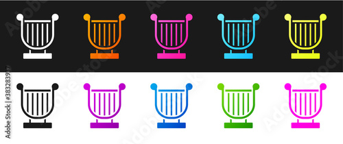 Set Ancient Greek lyre icon isolated on black and white background. Classical music instrument, orhestra string acoustic element. Vector.