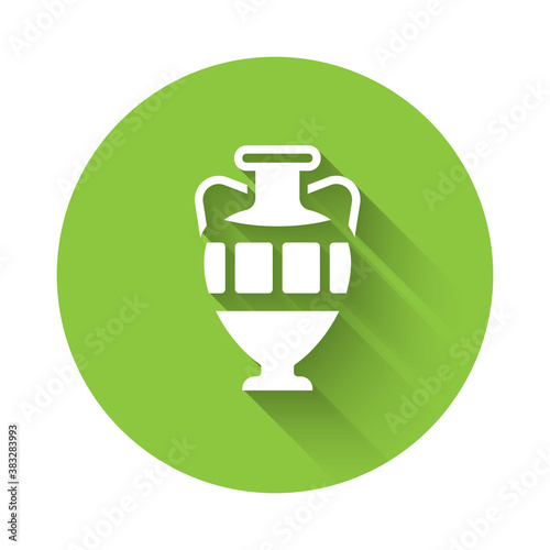 White Ancient amphorae icon isolated with long shadow. Green circle button. Vector.