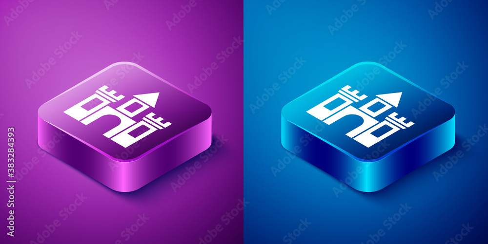 Isometric Castle icon isolated on blue and purple background. Medieval fortress with a tower. Protection from enemies. Reliability and defense of the city. Square button. Vector. Isometric Castle icon isolated on blue and purple background. Medieval fortress with a tower. Protection from enemies. Reliability and defense of the city. Square button. Vector.