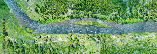 Yellowstone River, Wyoming. Overhead downward panoramic view from drone