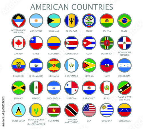 All national flags of the countries of American continents in alphabetical order. Official colors flags and round design. Vector illustration