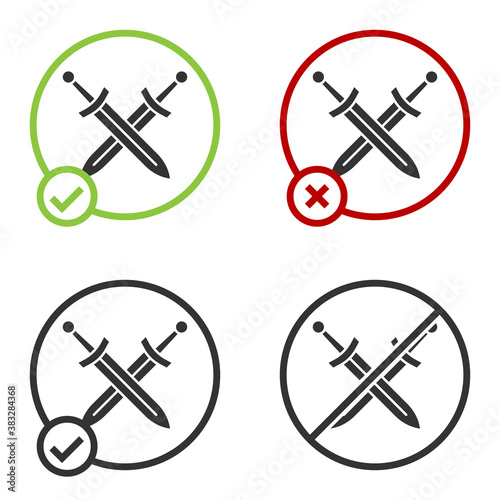 Black Crossed medieval sword icon isolated on white background. Medieval weapon. Circle button. Vector.