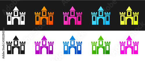 Set Castle icon isolated on black and white background. Medieval fortress with a tower. Protection from enemies. Reliability and defense of the city. Vector. © Kostiantyn