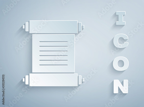 Paper cut Decree, paper, parchment, scroll icon icon isolated on grey background. Paper art style. Vector.
