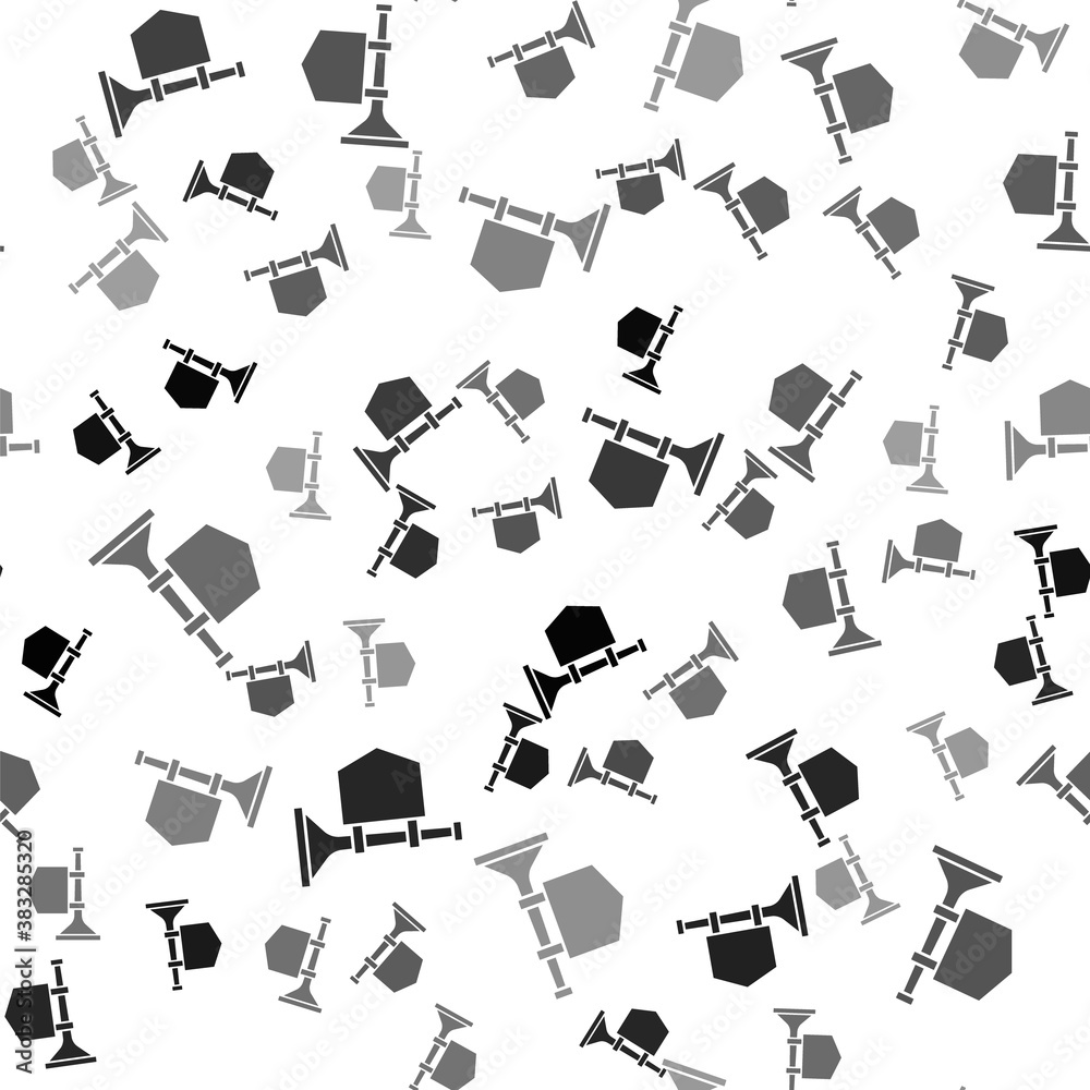 Black Trumpet with flag icon isolated seamless pattern on white background. Musical instrument trumpet. Vector.