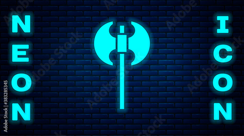 Glowing neon Medieval axe icon isolated on brick wall background. Battle axe, executioner axe. Medieval weapon. Vector.