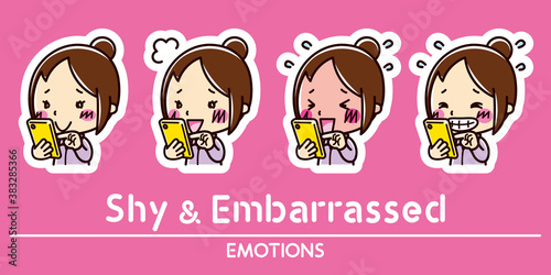 スマホと女性の表情セット / 照れる / 恥ずかしい