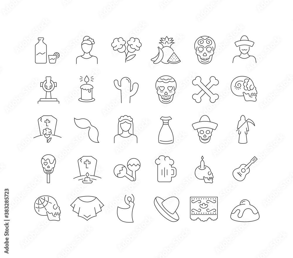 Vector Line Icons of Day of the Dead