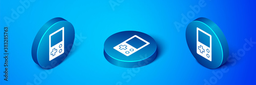 Isometric Portable tetris electronic game icon isolated on blue background. Vintage style pocket brick game. Interactive playing device. Blue circle button. Vector.