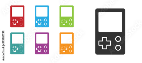Black Portable tetris electronic game icon isolated on white background. Vintage style pocket brick game. Interactive playing device. Set icons colorful. Vector.
