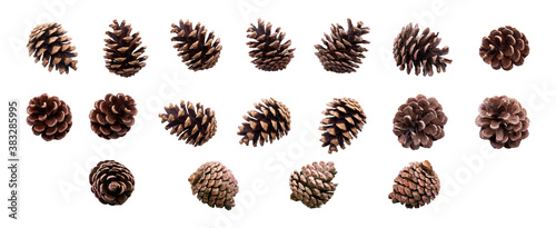 Photo A collection of small pine cone for Christmas tree decoration isolated against a white background