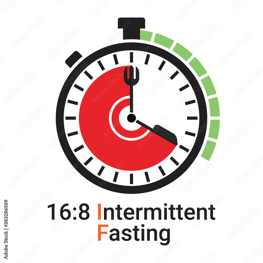 16/8 Intermittent Fasting (IF) is a form of time restricted fasting eating. Daily eating and fasting period for loss weight diet concept. Vector of stop clock face symbol isolated on white background 16/8 Intermittent Fasting (IF) is a form of time restricted fasting eating. Daily eating and fasting period for loss weight diet concept. Vector of stop clock face symbol isolated on white background