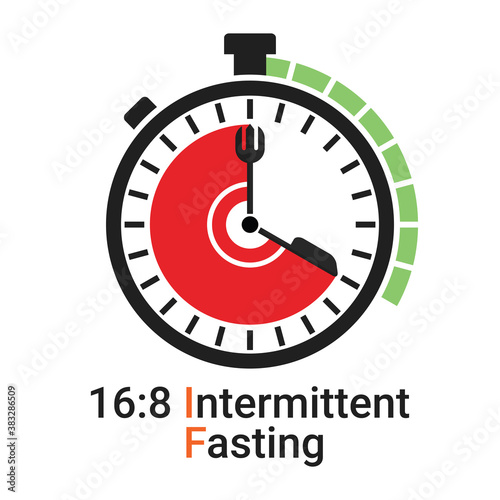 16/8 Intermittent Fasting (IF) is a form of time restricted fasting eating. Daily eating and fasting period for loss weight diet concept. Vector of stop clock face symbol isolated on white background