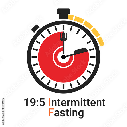 19/5 Intermittent Fasting (IF) is a form of time restricted fasting eating. Daily eating and fasting period for loss weight diet concept. Vector of stop clock face symbol isolated on white background