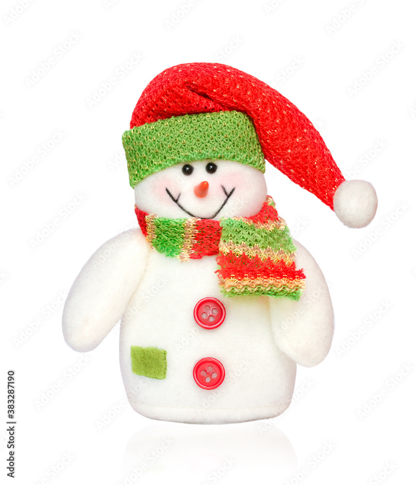 Smiling snowman with red cap and scarf isolated on white background