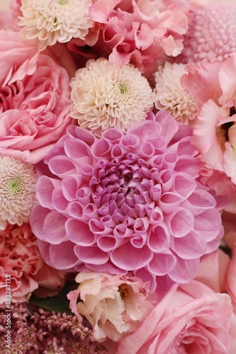 Beautiful bouquet of pink flowers close up 