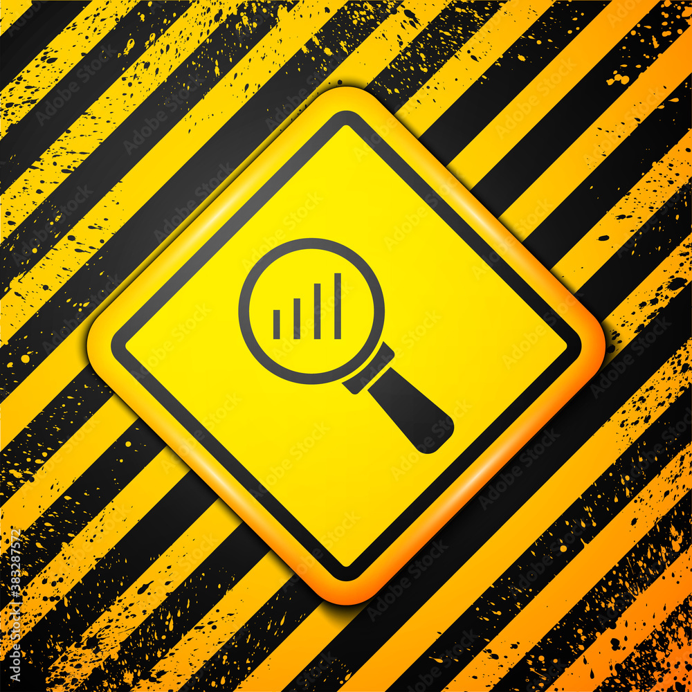 Black Magnifying glass and data analysis icon isolated on yellow background. Warning sign. Vector. Black Magnifying glass and data analysis icon isolated on yellow background. Warning sign. Vector.