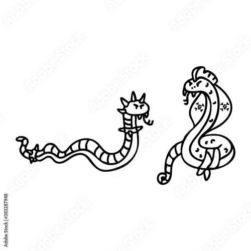 Punk rock snake and cobra monochrome lineart illustration clipart. Simple alternative sticker. Kids emo rocker coloring page cute hand drawn cartoon animal motif. 