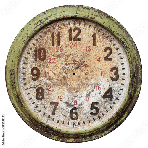 Very old round wall clock face without hands, isolated on white background photo