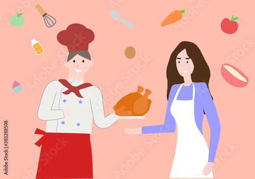 Chef holds chicken  on orange bacground  vector graphics