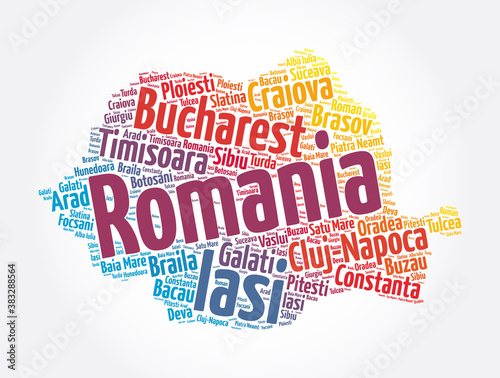 List of cities and towns in Romania, map word cloud collage, business and travel concept background