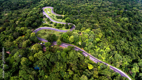 Aerial view from drone of Khong Ping Ngu is beautiful road grand curve with a steep and slithering track at Phu Phan in Sakon Nakhon, Thailand. photo