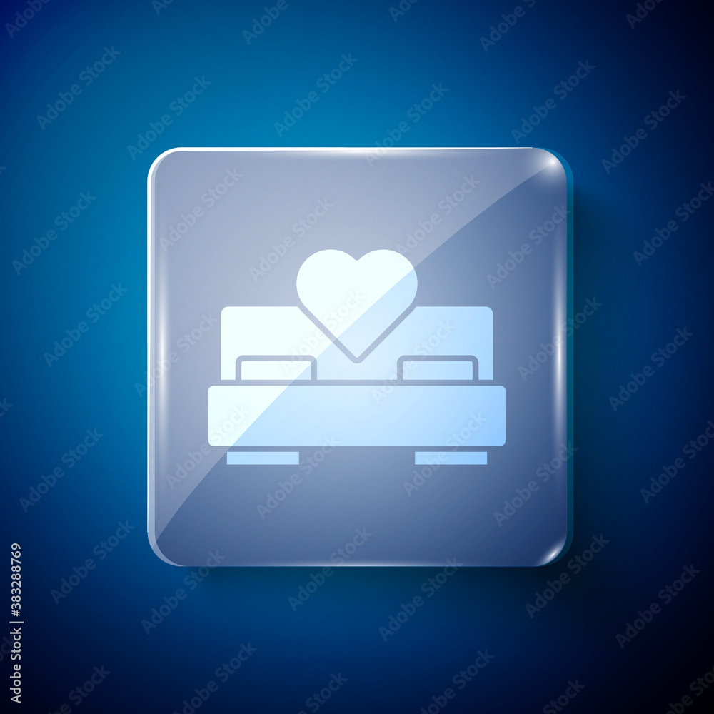 White Bedroom icon isolated on blue background. Wedding, love, marriage symbol. Bedroom creative icon from honeymoon collection. Square glass panels. Vector. White Bedroom icon isolated on blue background. Wedding, love, marriage symbol. Bedroom creative icon from honeymoon collection. Square glass panels. Vector.