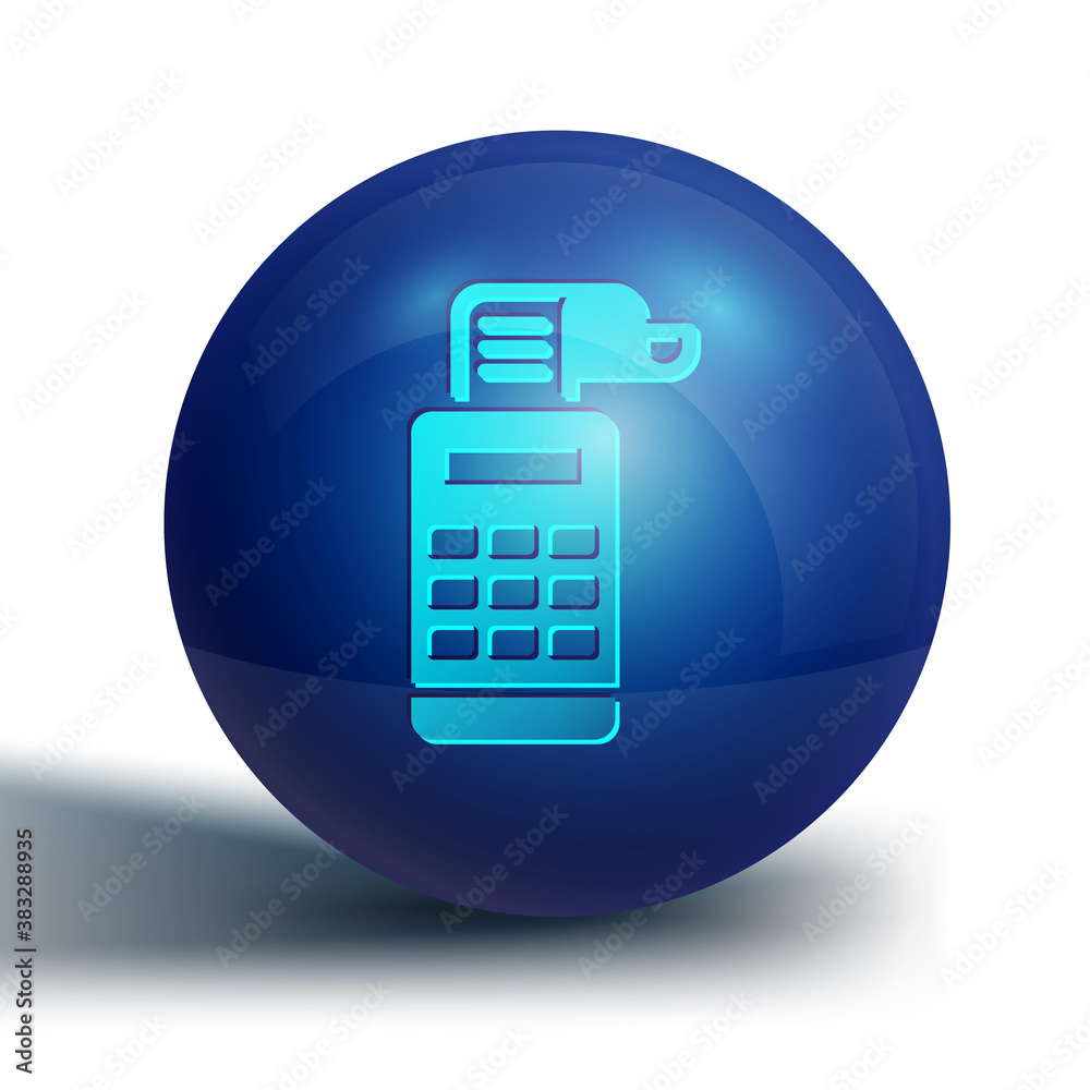 Blue Cash register machine with a check icon isolated on white background. Cashier sign. Cashbox symbol. Blue circle button. Vector. Blue Cash register machine with a check icon isolated on white background. Cashier sign. Cashbox symbol. Blue circle button. Vector.