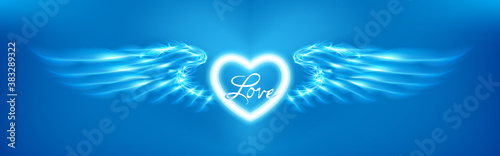 Light cyan heart and angel wings on blue background. Glowing fantasy, Valentines day attribute. Inscription love. Happy greeting card silhouette illuminated luxury glow. Design vector illustration