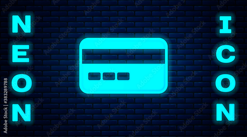 Glowing neon Credit card icon isolated on brick wall background. Online payment. Cash withdrawal. Financial operations. Shopping sign. Vector. Glowing neon Credit card icon isolated on brick wall background. Online payment. Cash withdrawal. Financial operations. Shopping sign. Vector.
