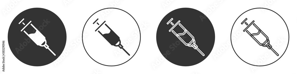 Black Doping syringe icon isolated on white background. Circle button. Vector. Black Doping syringe icon isolated on white background. Circle button. Vector.
