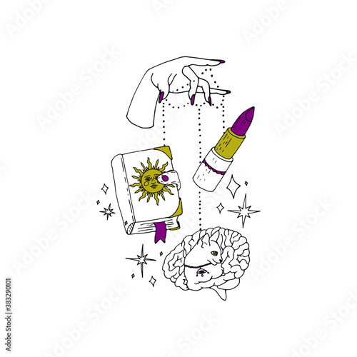 Boho spiritual hand drawn black ink line art. Woman hand with purple nails is holding grimoire book, lipstick and a brain with a cat figure on strings. Bohemian Moonchild Aesthetics.