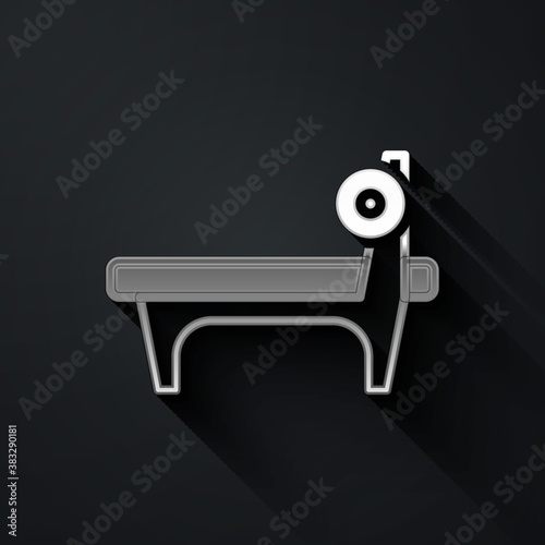 Silver Bench with barbel icon isolated on black background. Gym equipment. Bodybuilding, powerlifting, fitness concept. Long shadow style. Vector.