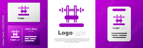 Logotype Bench with barbel icon isolated on white background. Gym equipment. Bodybuilding, powerlifting, fitness concept. Logo design template element. Vector.