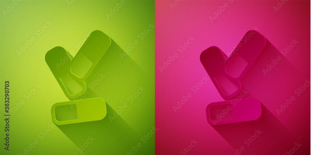 Paper cut Vitamin complex of pill capsule icon isolated on green and pink background. Healthy lifestyle. Paper art style. Vector.