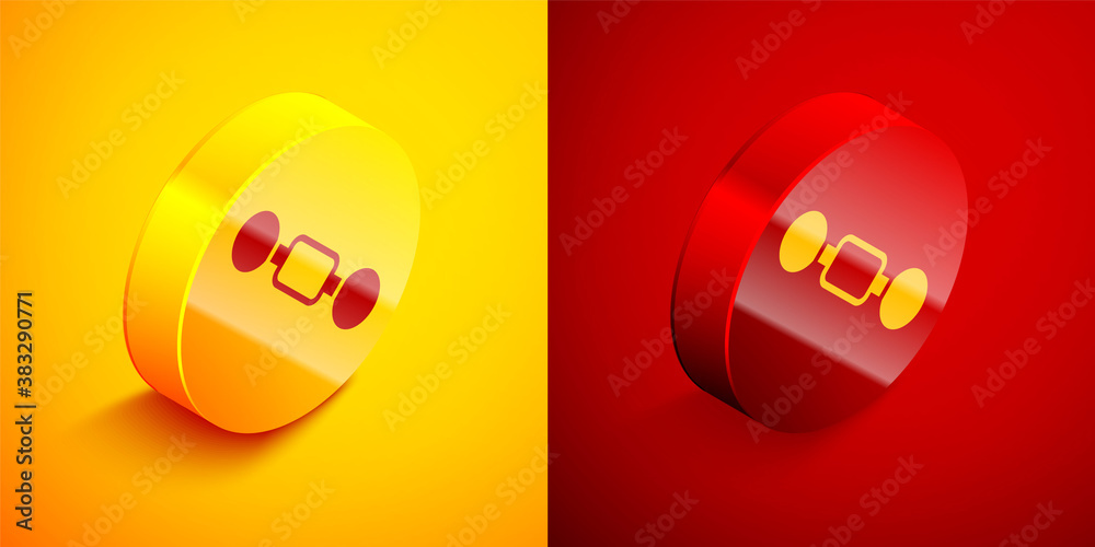 Isometric Dumbbell icon isolated on orange and red background. Muscle lifting icon, fitness barbell, gym, sports equipment, exercise bumbbell. Circle button. Vector. Isometric Dumbbell icon isolated on orange and red background. Muscle lifting icon, fitness barbell, gym, sports equipment, exercise bumbbell. Circle button. Vector.