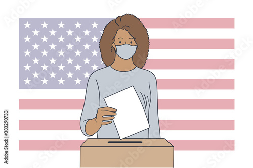 Politics, election, usa, voting concept. United States of America elections 2020 illustration. Young african american woman cartoon character with medical face mask putting vote ballot in bulletin box