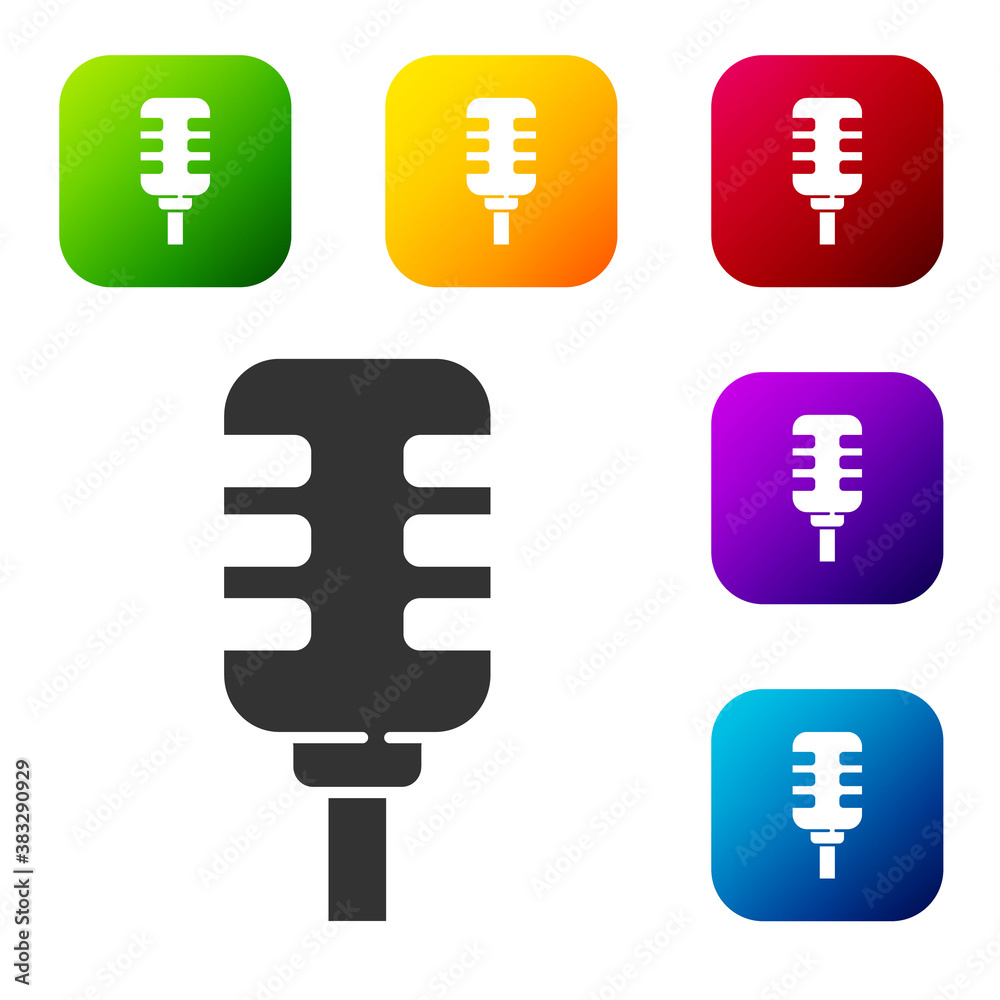 Black Microphone icon isolated on white background. On air radio mic microphone. Speaker sign. Set icons in color square buttons. Vector. Black Microphone icon isolated on white background. On air radio mic microphone. Speaker sign. Set icons in color square buttons. Vector.