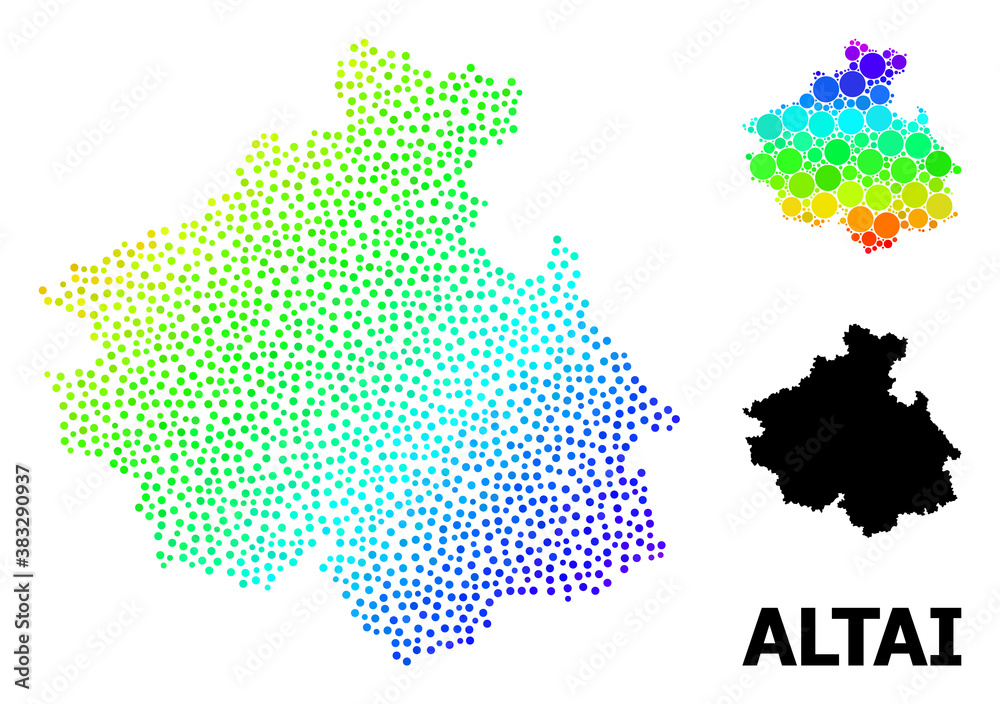 Obraz premium 2D polygonal and solid map of Altai Republic. Vector structure is created from map of Altai Republic with red stars. Abstract lines and stars are combined into map of Altai Republic.