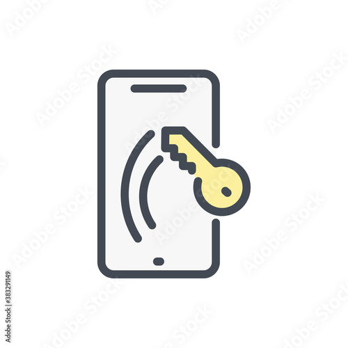 Mobile phone with scratch on the screen color line icon. Smartphone with key vector outline colorful sign.