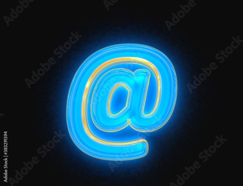Blue and yellow polished neon light glow clear reflective font - at sign isolated on dark, 3D illustration of symbols